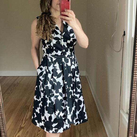 Donna Karan Shirt dress size 8 black white floral block print retro 50s summer‎